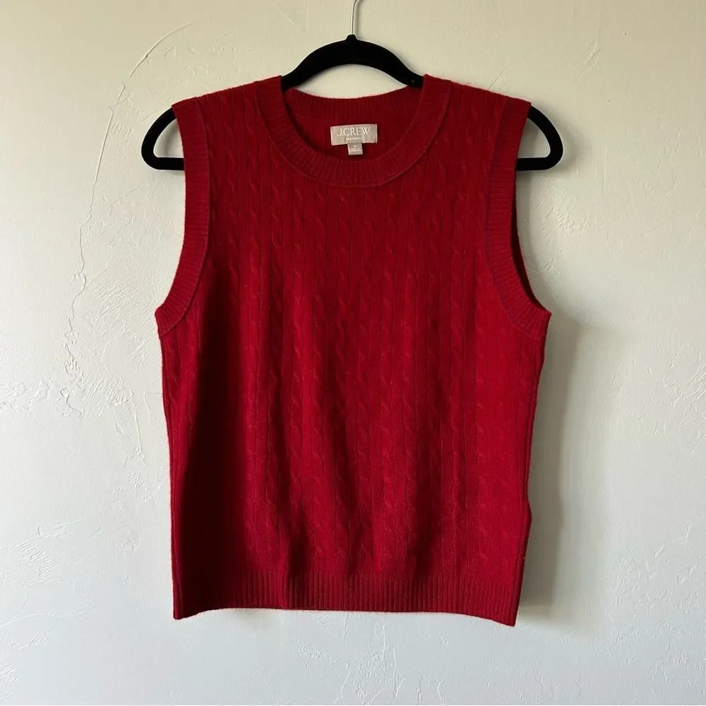 J. Crew Cashmere Cable Knit Sweater Shell Contrast Trim Red Preppy Fisherman